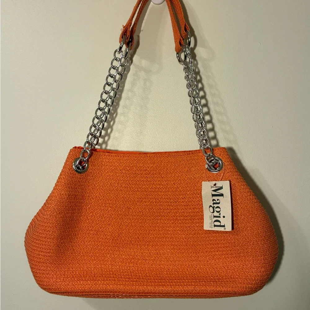 NWT Magid Orange Chain-Handle Straw Woven Shoulder Bag Summer Coastal Beach Vibe
